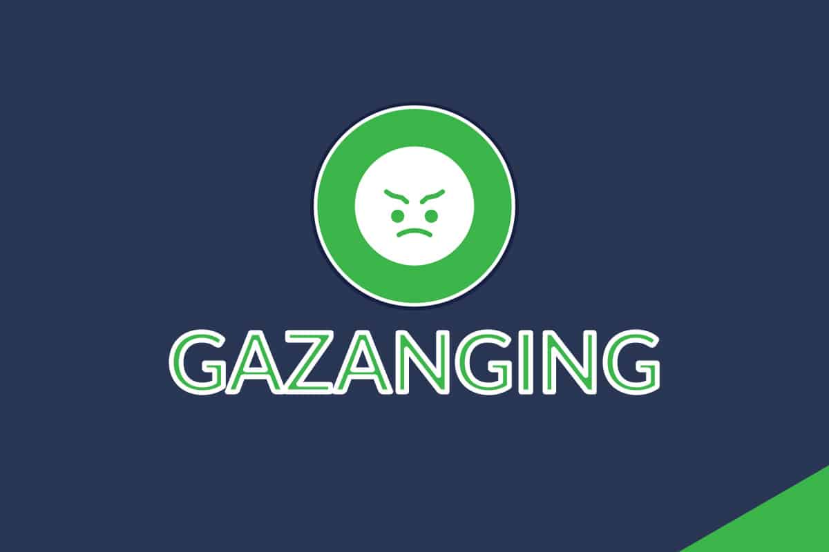 A banner with an angry face emoji and a line of text saying, "GAZANGING"."