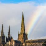 A rainbow above the spires of Lichfield Cathedral.
