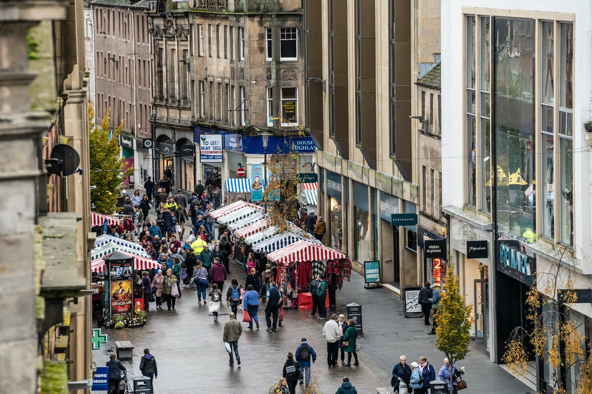 A famer's market on a high street in Perth, Scotland.