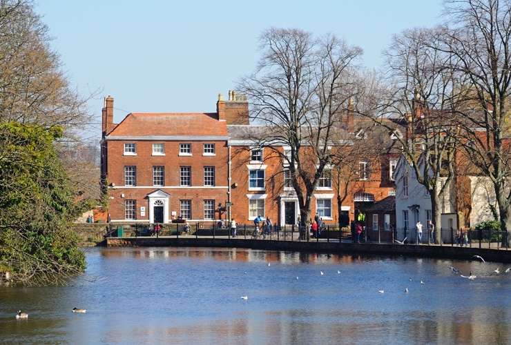 View across Minster Pool towards Dam Street showing the Pool House, Lichfield.