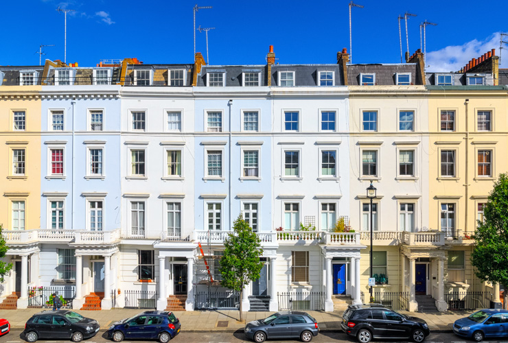 Colourful-fronted townhouses in Pimlico, London