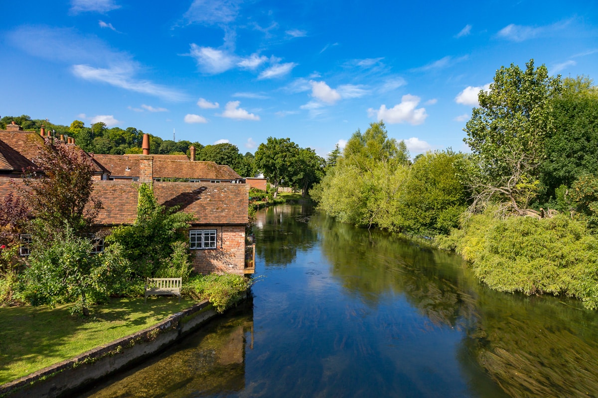 Old buildings along the river Avon in Salisbury.