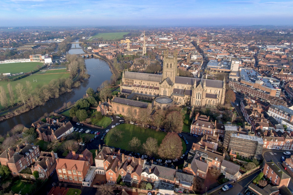 An aerial view of the city of Worcester.