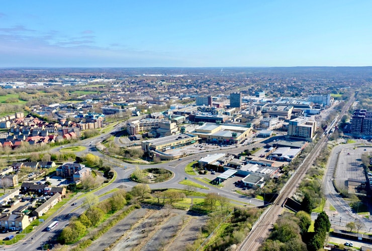 An arial, drone photograph of Basildon, Essex.