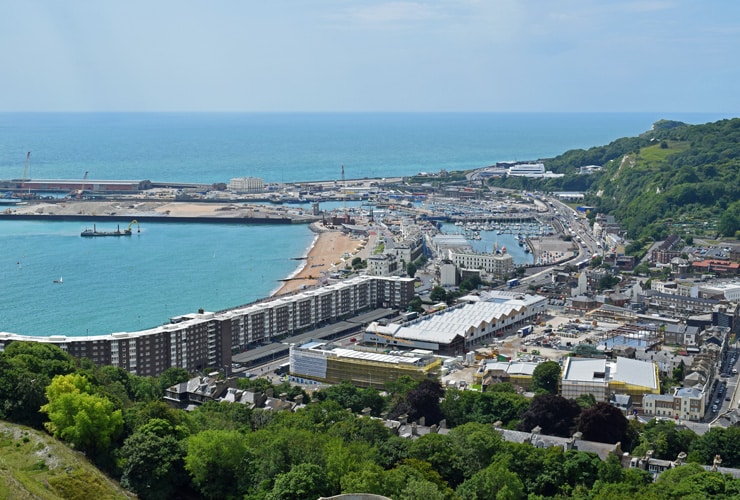 An aerial shot of the port of Dover on a summer day.