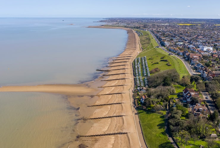 An aerial view of the seafront and beach at Whitstable.