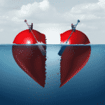 Concept image for divorce. Two halves of a broken heart float in the ocean.