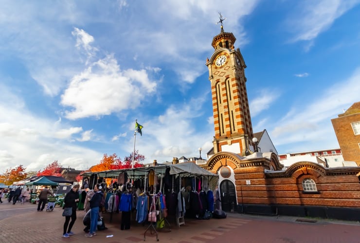 The vintage clock tower and the market in the central square in Epsom, Surrey.