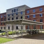 The front of a Swansea Bay campus building. Student accommodation in Swansea.