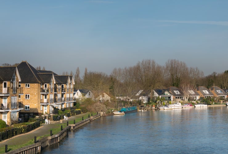 Residential houses along the River Thames at Walton-on-Thames.