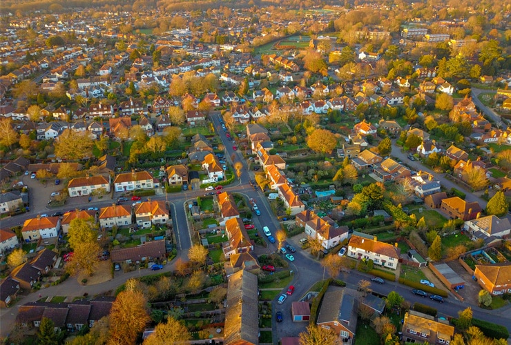 A aerial shot of a residential housing estate in Woking, Surrey.