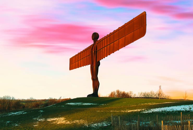 The Angle of the North. A large steel statue of an angel by by Antony Gormley.