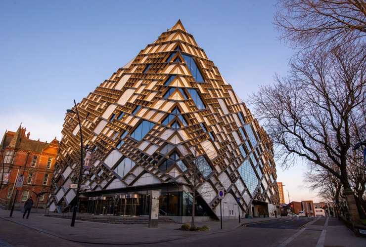 The strangely designed Diamond Building, part of Sheffield University