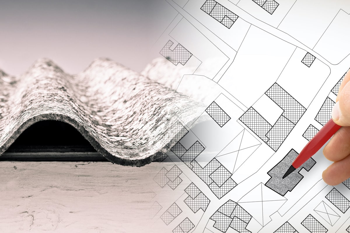 Home survey concept image. On the left there is an asbestos roof. On the right there is the plan of a neighbourhood.