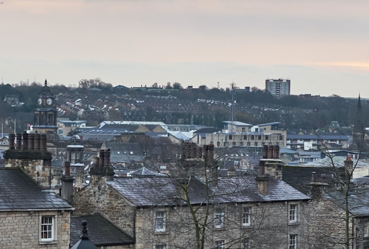 A rooftop view of the city of Lancaster, UK.