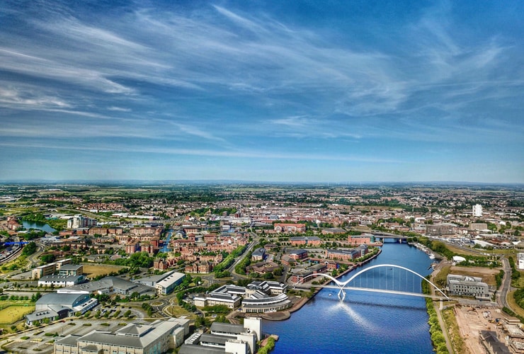 Aerial view of Stockton-on-Tees, Middlesbrough and the River Tees.