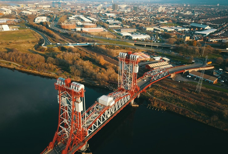 Aerial view of the Tees Newport Bridge in Middlesbrough, UK.