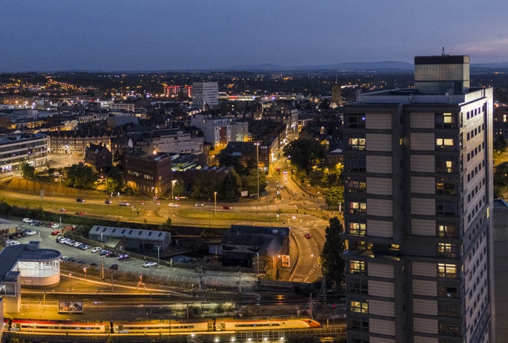 An aerial photograph of Wolverhampton at night.