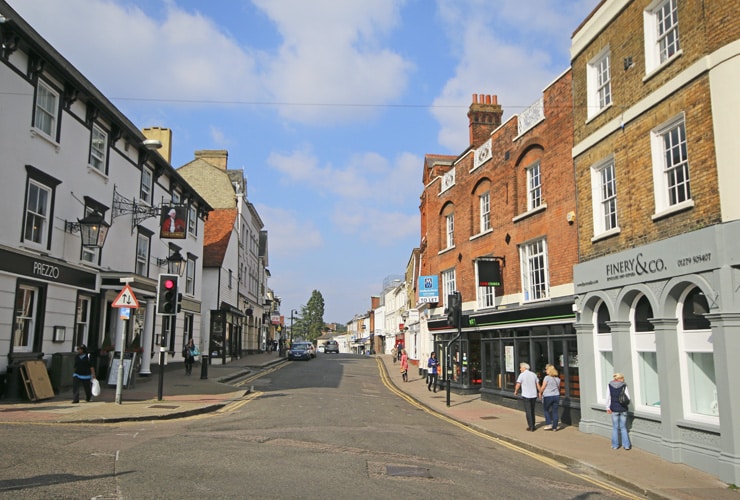 A shopping street in the middle of the historic market town of Bishop's Stortford in Hertfordshire.