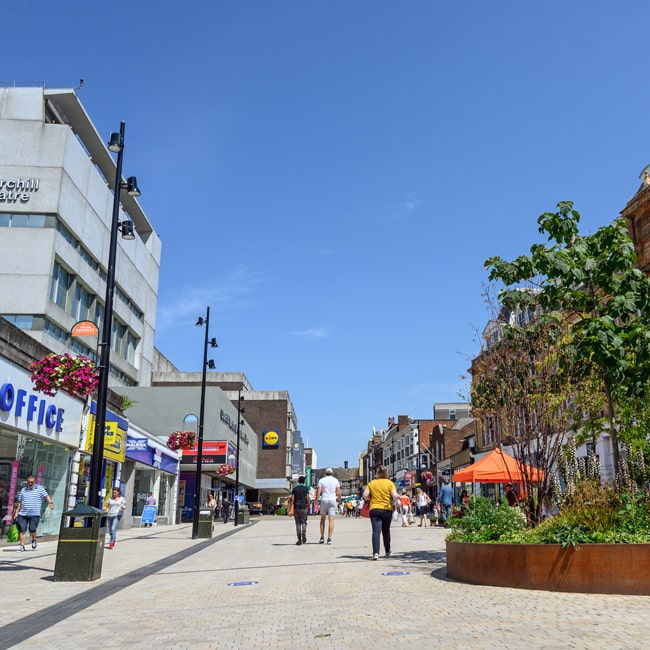 A shopping high street in Bromley, Greater London.