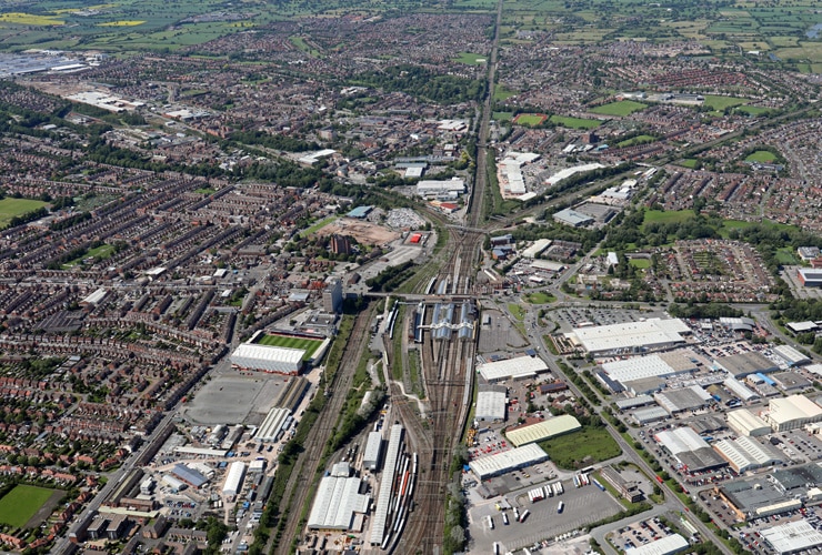 An aerial view of Crewe town centre in Cheshire.