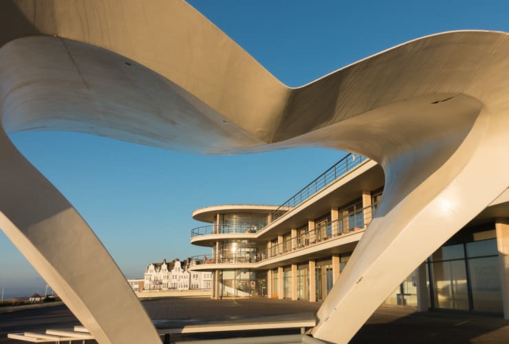 The iconic art deco seafront building of De La Warr Pavilion in Bexhill on Sea viewed through the heart shaped stage.