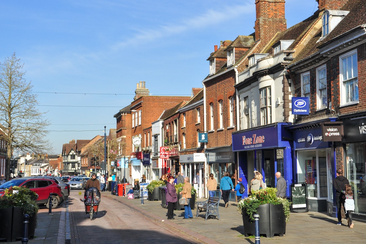 A shopping street in Htchen, Hertfordshire.