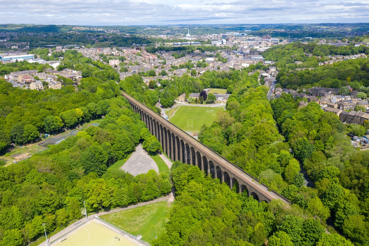 Areal view of the Lockwood Viaduct in the town of Huddersfield, Yorkshire.