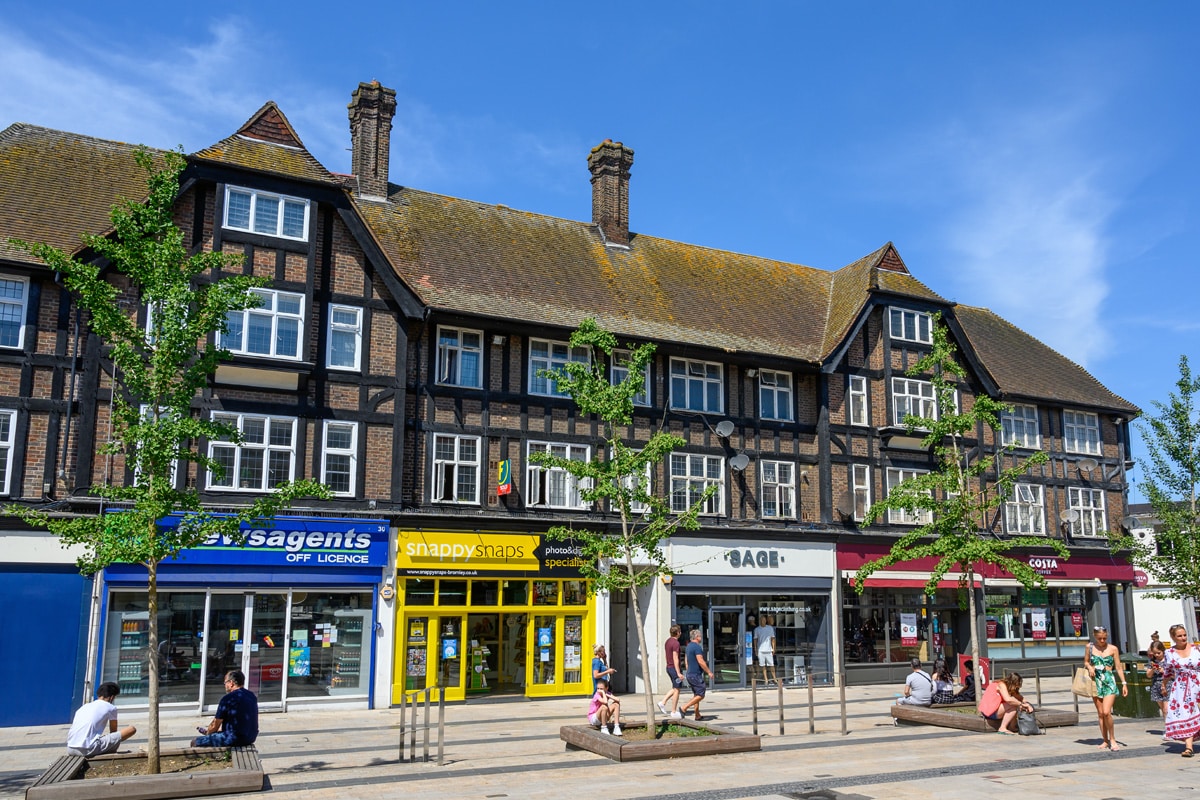 Market Square is a shopping street in Bromley with cafes and retail stores.