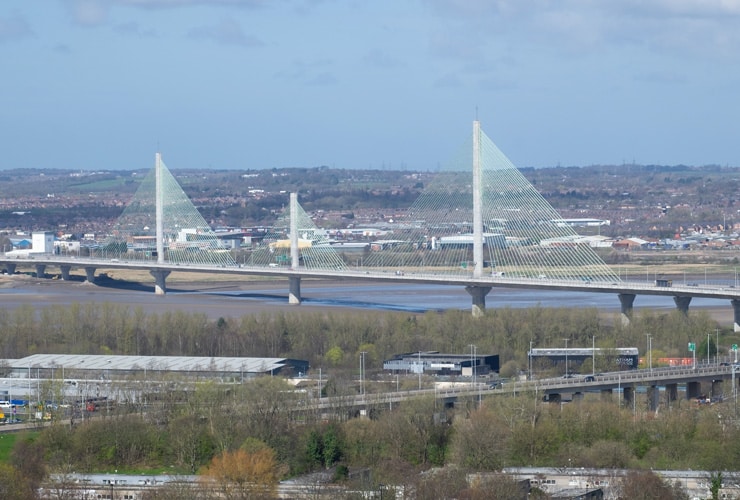 Mersey Gateway Bridge, a cable-stayed bridge over the River Mersey between Runcorn and Widnes, UK.