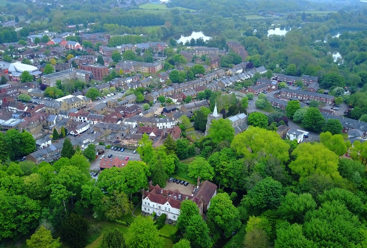 An aerial view of the leafy village of Rickmansworth, Hertfordshire.