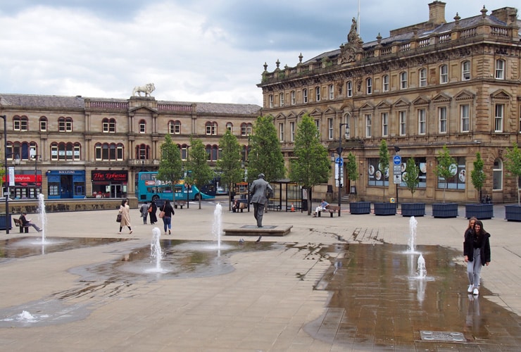 Fountains in St. George's Square in the centre of Huddersfield.