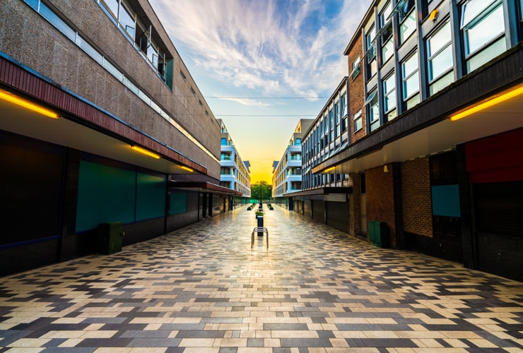 Stevenage town centre. Completely empty of people at sunrise.