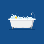 An icon or graphic showing a bathtub on a blue background. The bath overflows with bubbles and there is even a rubber duck.