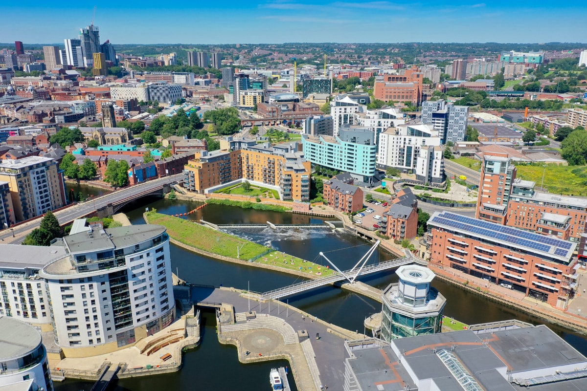 Aerial View of Leeds city centre and Leeds Dock.