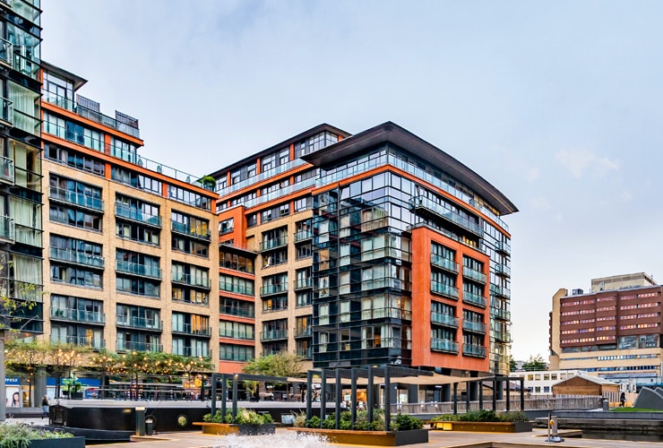 Merchant Square East Modern apartment buildings residential area with floating pocket park.