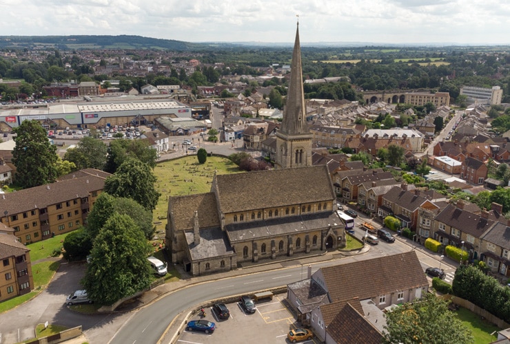 An aerial view of Chippenham in Wiltshire. St. Pauls Church is prominent.