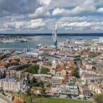 An aerial photograph of Portsmouth in Hampshire, UK.