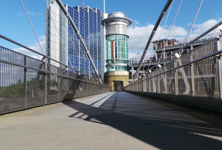 A walkway leading into Festival Place shopping centre in Basingstoke.