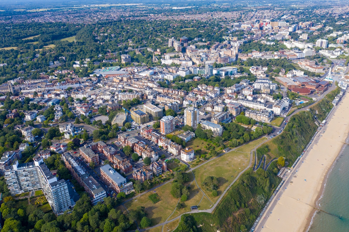 An aerial view of Bournemouth beach and town centre.