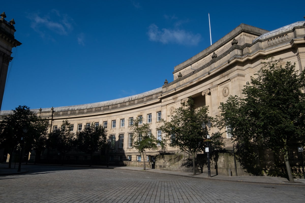 Civic centre and Le Mans Crescent in Bolton, Lancashire.