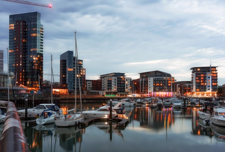 Twilight capture of Southampton's Ocean Village Marina on a warm evening.