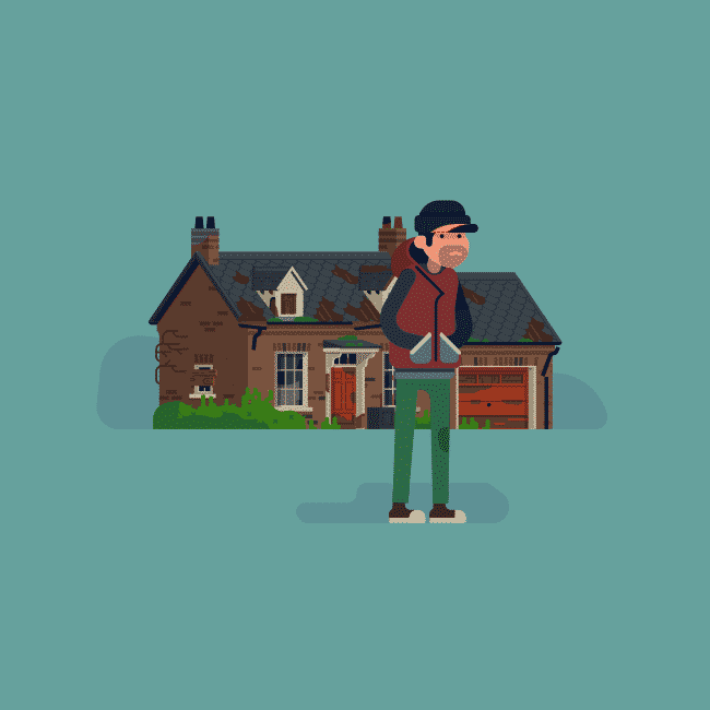 Vector illustration of a squatter standing in front of an abandoned suburban house with a garage.