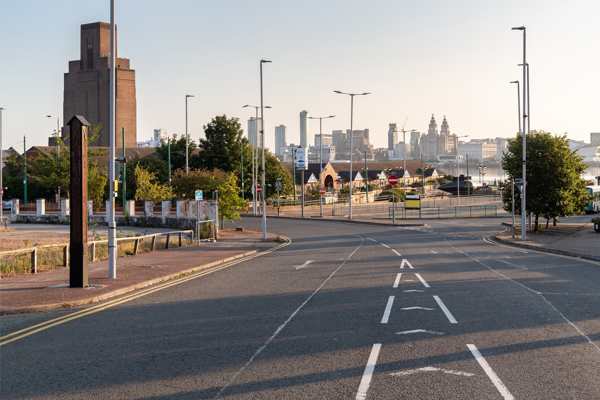 Hamilton Street, Birkenhead, looking towards Woodside ferry terminal, with Liverpool waterfront buildings in the distance.