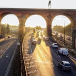 Shot taken off a bridge, of the motorway running through Stockport.