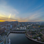 Aerial view of the river and bridge in Belfast, Northern Ireland.