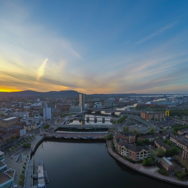 Aerial view of the river and bridge in Belfast, Northern Ireland.