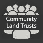 An icon representing community and text that says, 'Community Land Trusts'.