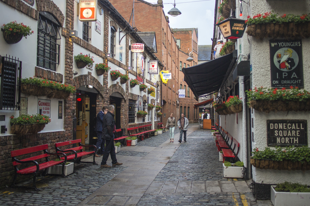 Belfast's Cathedral Quarter, a popular area for nightlife with pubs and live music.