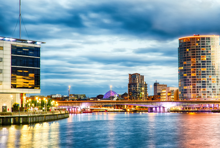 Belfast Skyline at Night over the River Lagan, Belfast City.